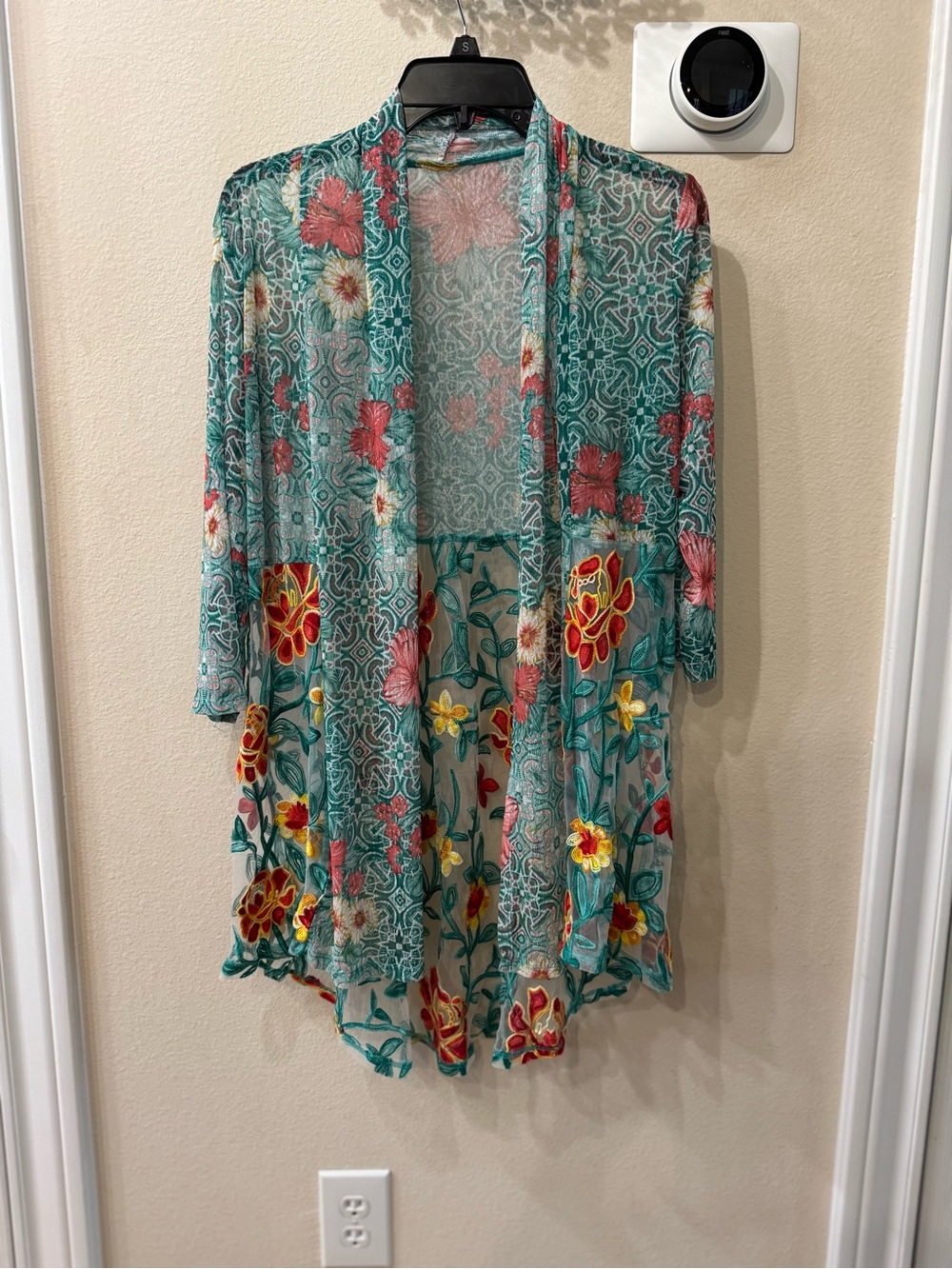 Ruby Red Floral Embroidered Sheer Mesh Kimono Bathing Suit Cover-up Teal Size M
